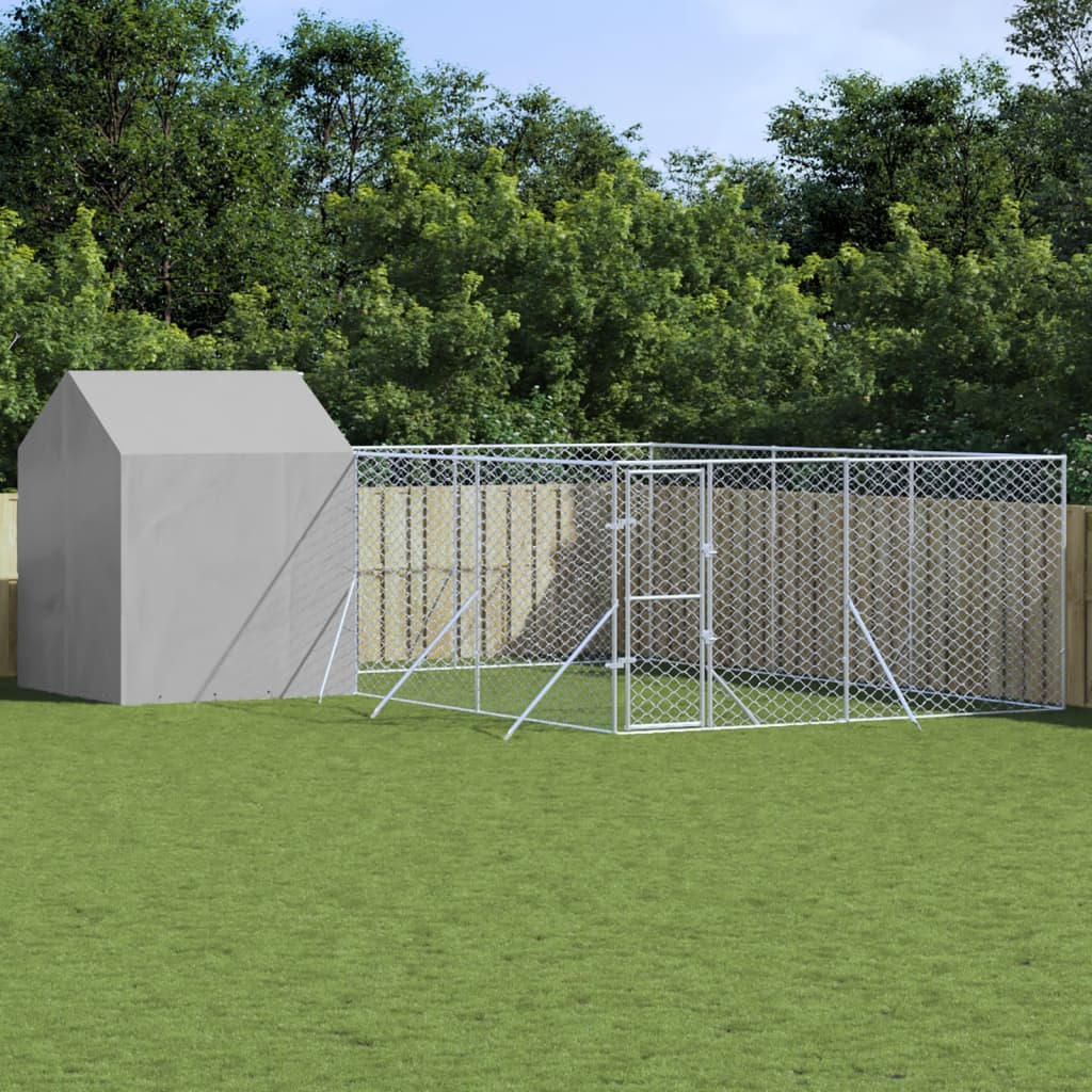 Suņu Voljērs Ar Jumtu, 4X4X2,5M, Cinkots Tērauds, Sudraba Krāsā