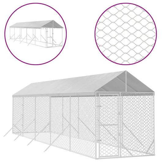 Suņu Voljērs Ar Jumtu, 2X10X2,5M, Cinkots Tērauds,Sudraba Krāsā