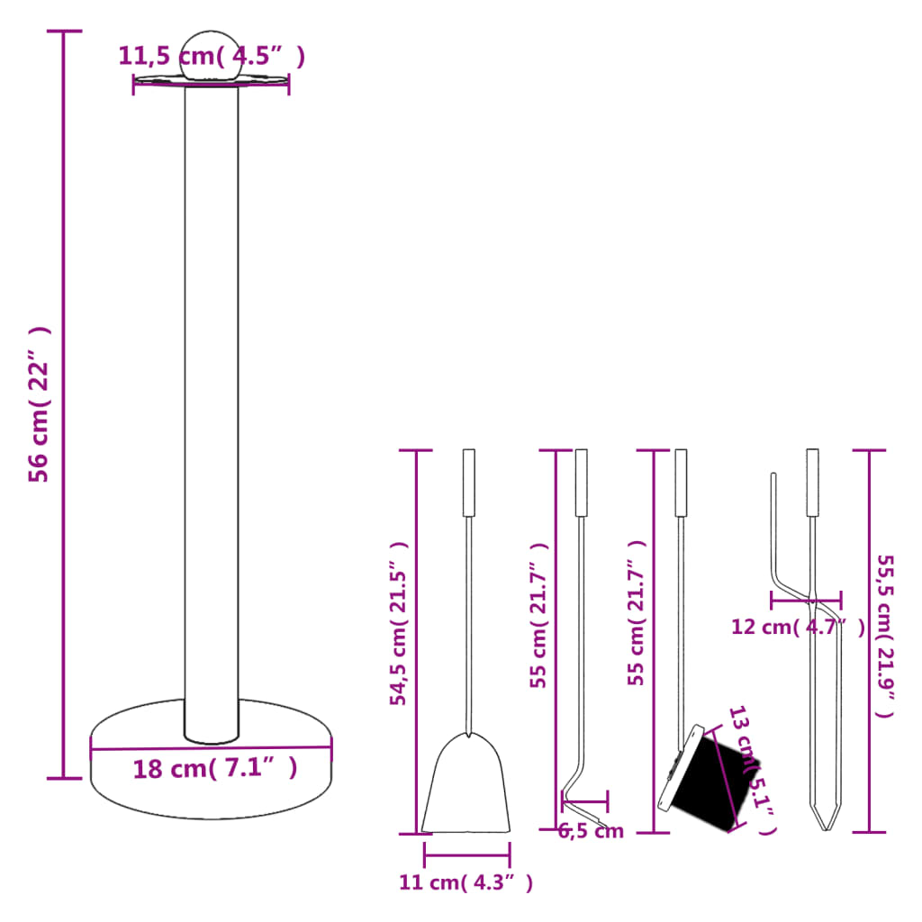 5 Daļu Kamīna Instrumentu Komplekts, 18X56 Cm, Tērauds