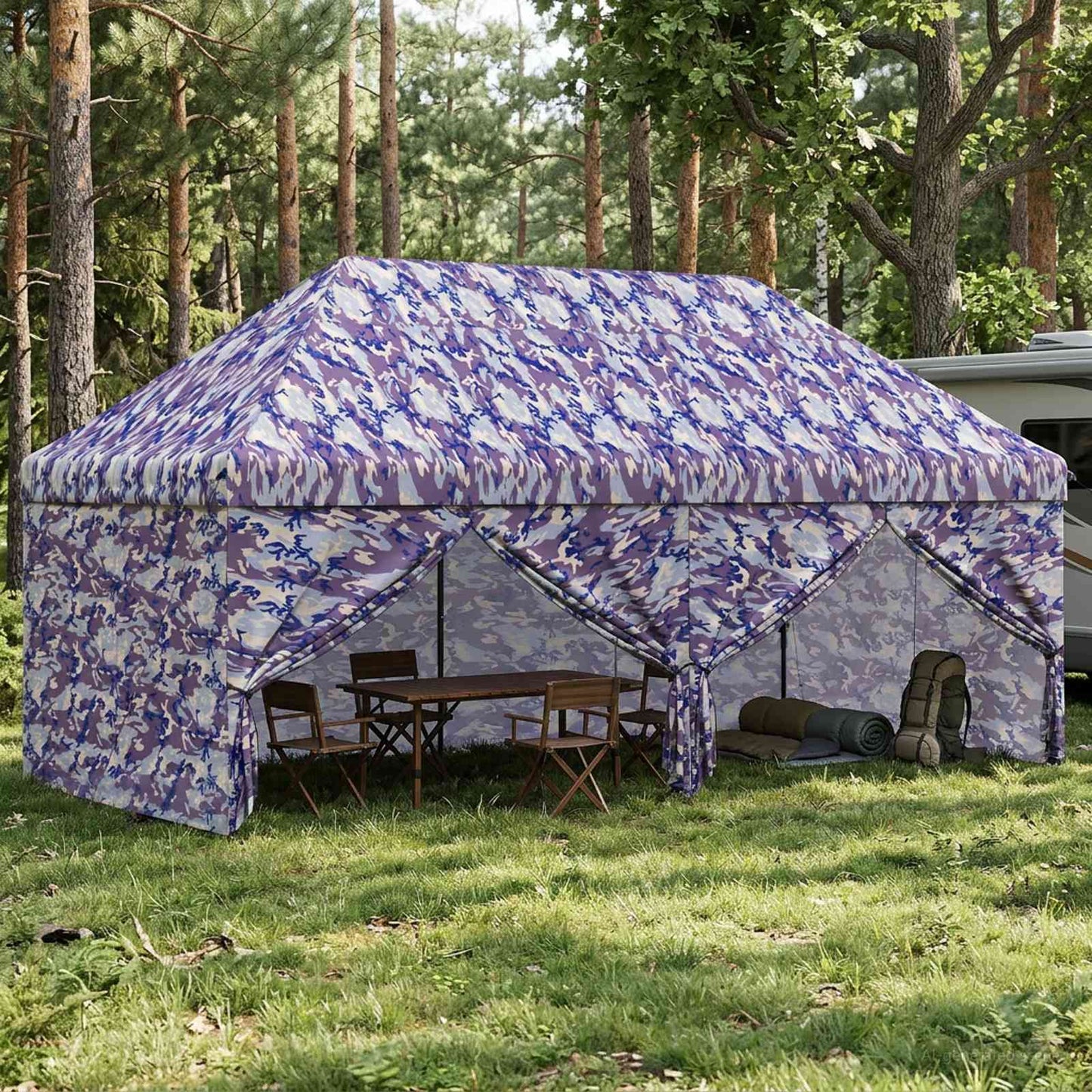 Pop-Up Paviljons Ar 4 Sienām 2,95 X 4,1 M Zila Kamuflāža