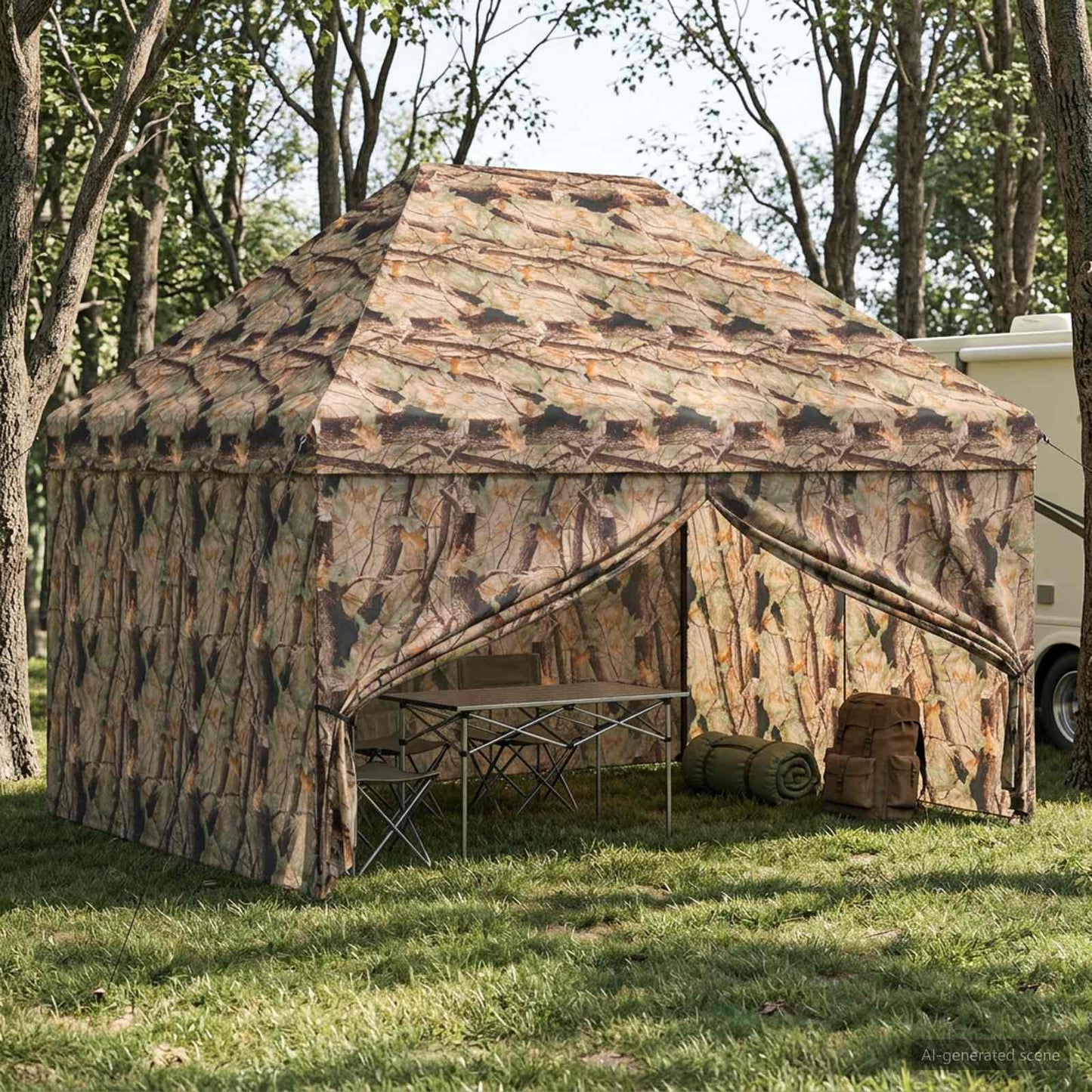 Pop-Up Paviljons Ar 4 Sienām Meža Kamuflāža