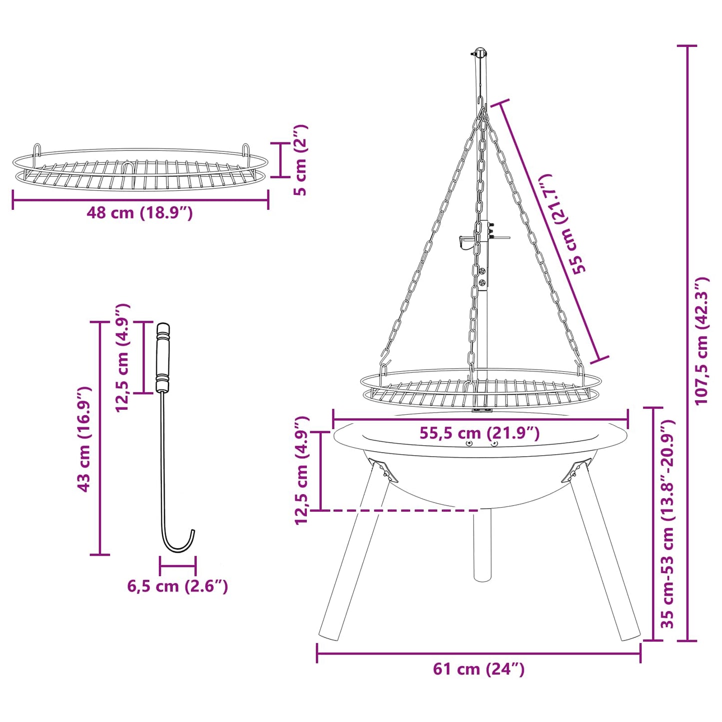 Uguns Aka Ar Regulējamu Grila Resti ⌀55,5 X 107,5 Cm Tērauds