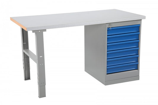 Metāla darbagalds ar tērauda virsmu un 6 atvilktņu bloku 2000x800mm - HOLDORS