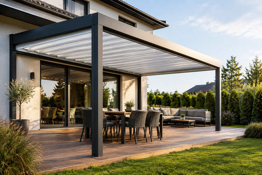 Terases pergola ar nolaižamu jumtu mājai