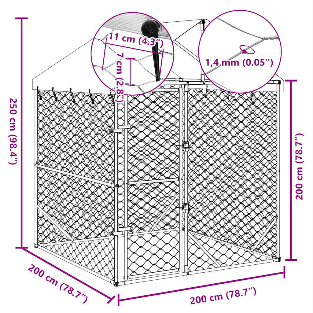 Suņu Voljērs Ar Jumtu, Sudraba Krāsā, 2X2X2,5M, Cinkots Tērauds