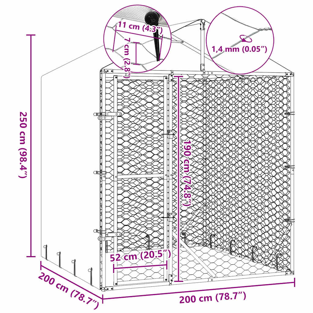 Suņu Voljērs Ar Jumtu, Sudraba Krāsā, 2X2X2,5M, Cinkots Tērauds