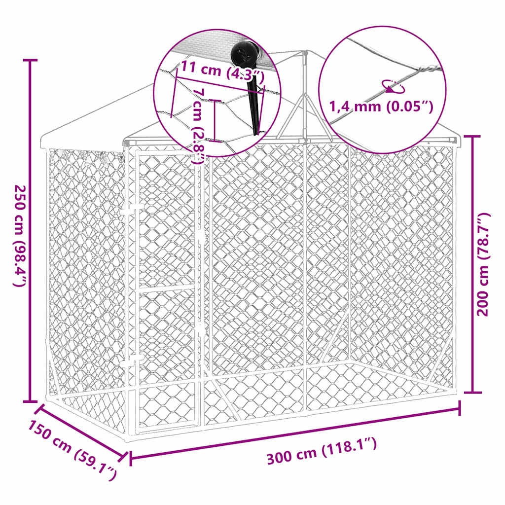 Suņu Voljērs Ar Jumtu, Sudrabains, 3X1,5X2,5 M, Cinkots Tērauds