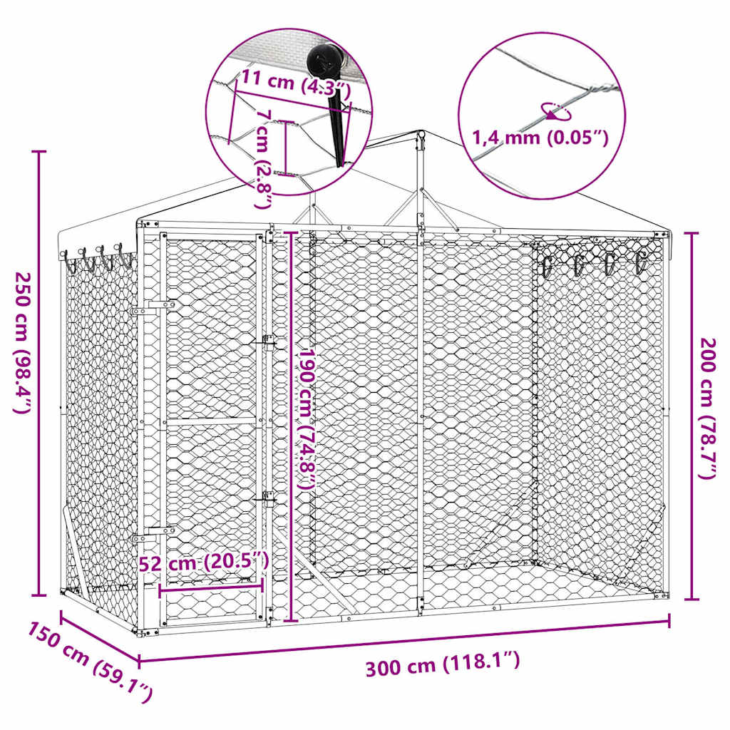 Suņu Voljērs Ar Jumtu, Sudrabains, 3X1,5X2,5 M, Cinkots Tērauds
