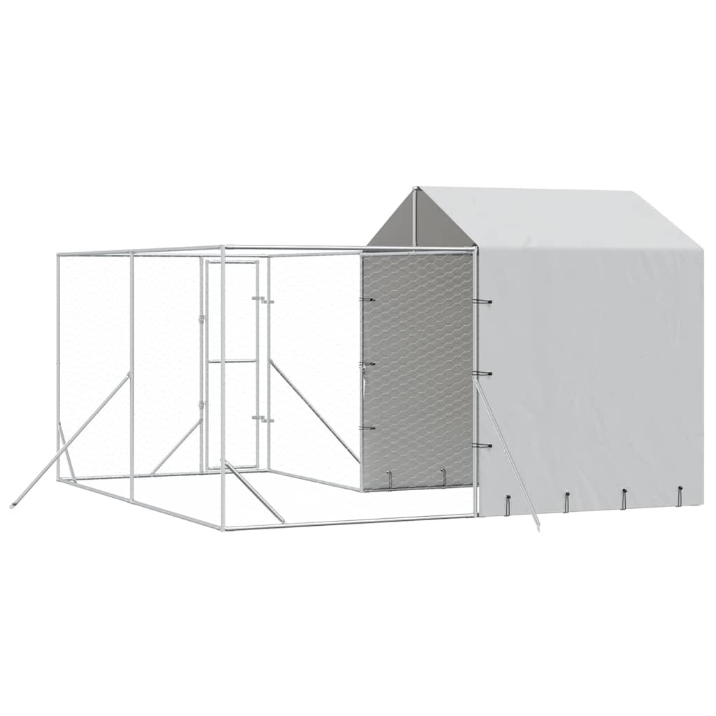 Suņu Voljērs Ar Jumtu, 4X4X2,5M, Cinkots Tērauds, Sudraba Krāsā