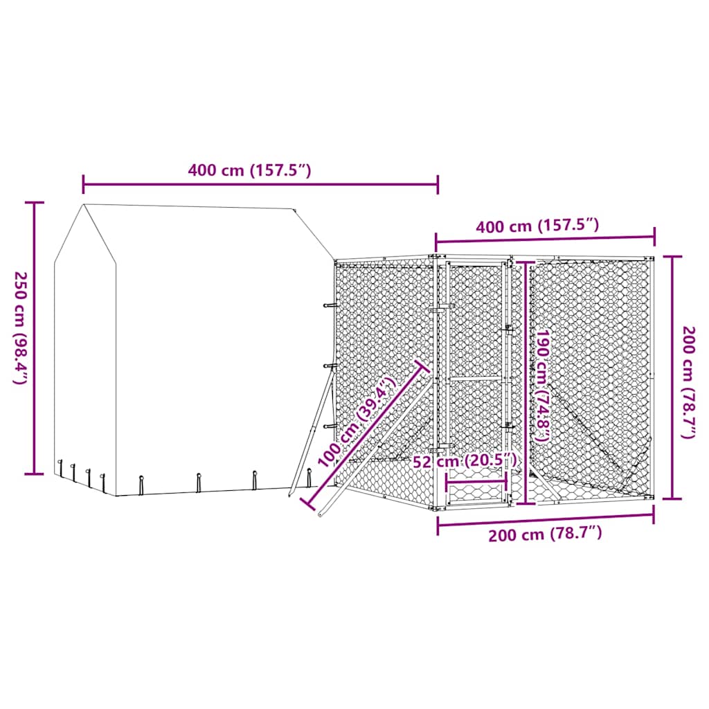 Suņu Voljērs Ar Jumtu, 4X4X2,5M, Cinkots Tērauds, Sudraba Krāsā