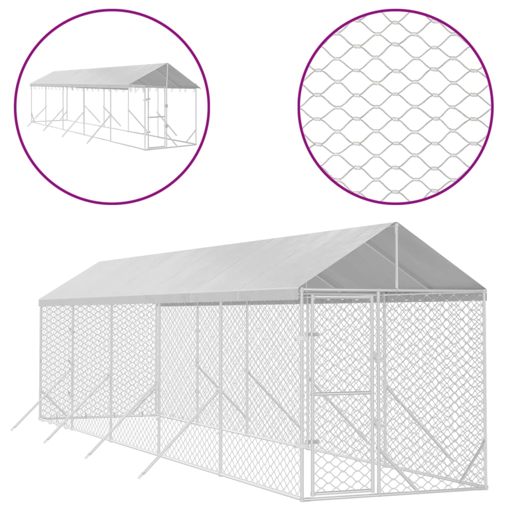 Suņu Voljērs Ar Jumtu, 2X10X2,5M, Cinkots Tērauds,Sudraba Krāsā