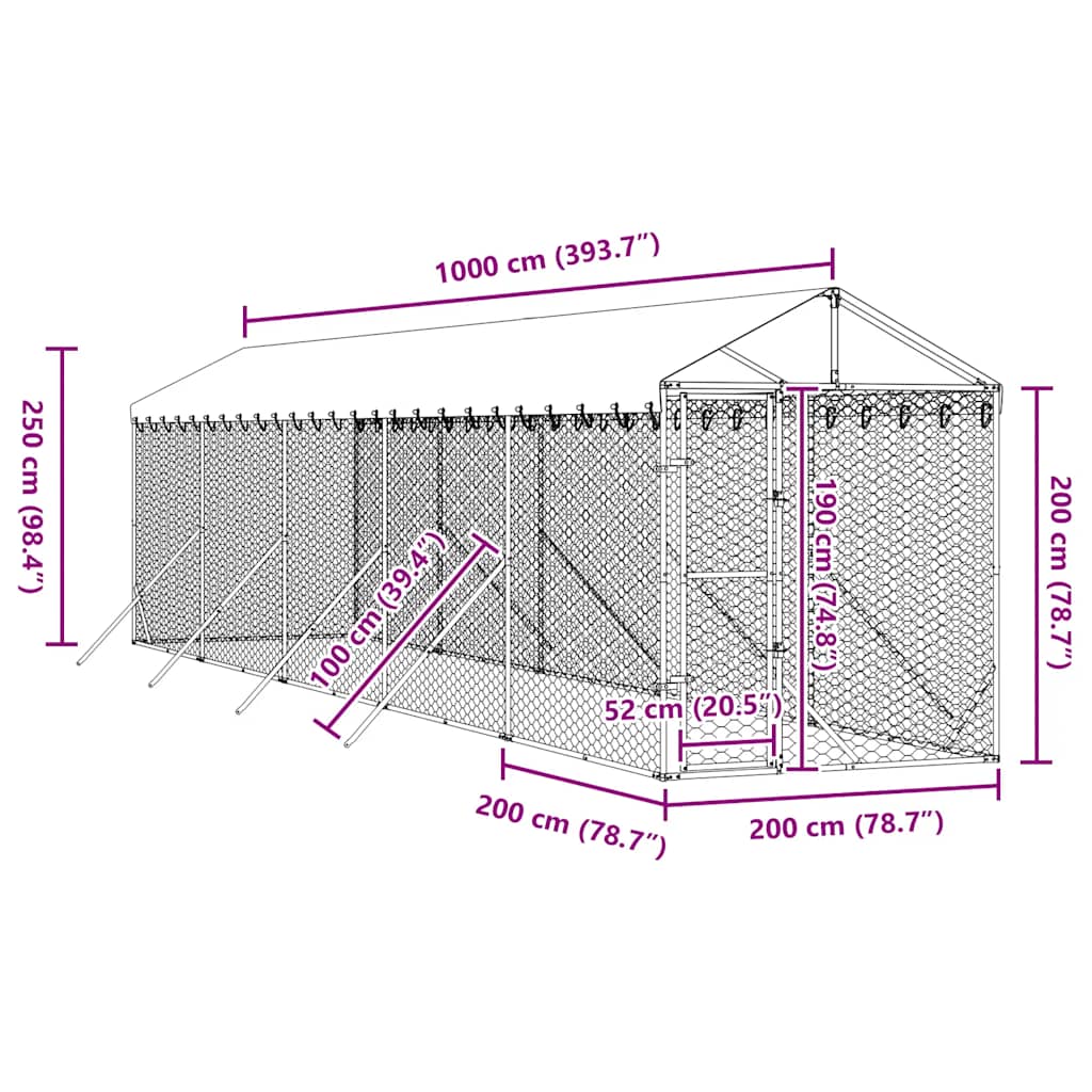 Suņu Voljērs Ar Jumtu, 2X10X2,5M, Cinkots Tērauds,Sudraba Krāsā