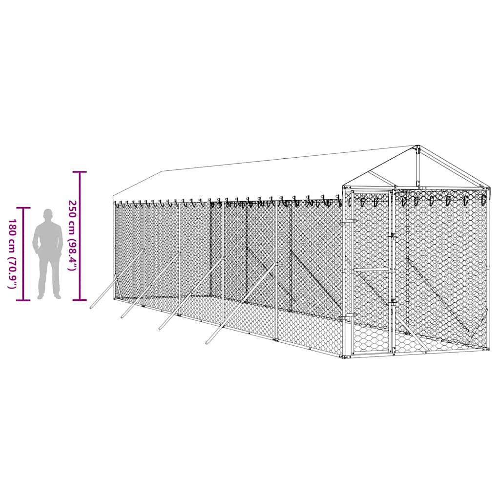 Suņu Voljērs Ar Jumtu, 2X10X2,5M, Cinkots Tērauds,Sudraba Krāsā