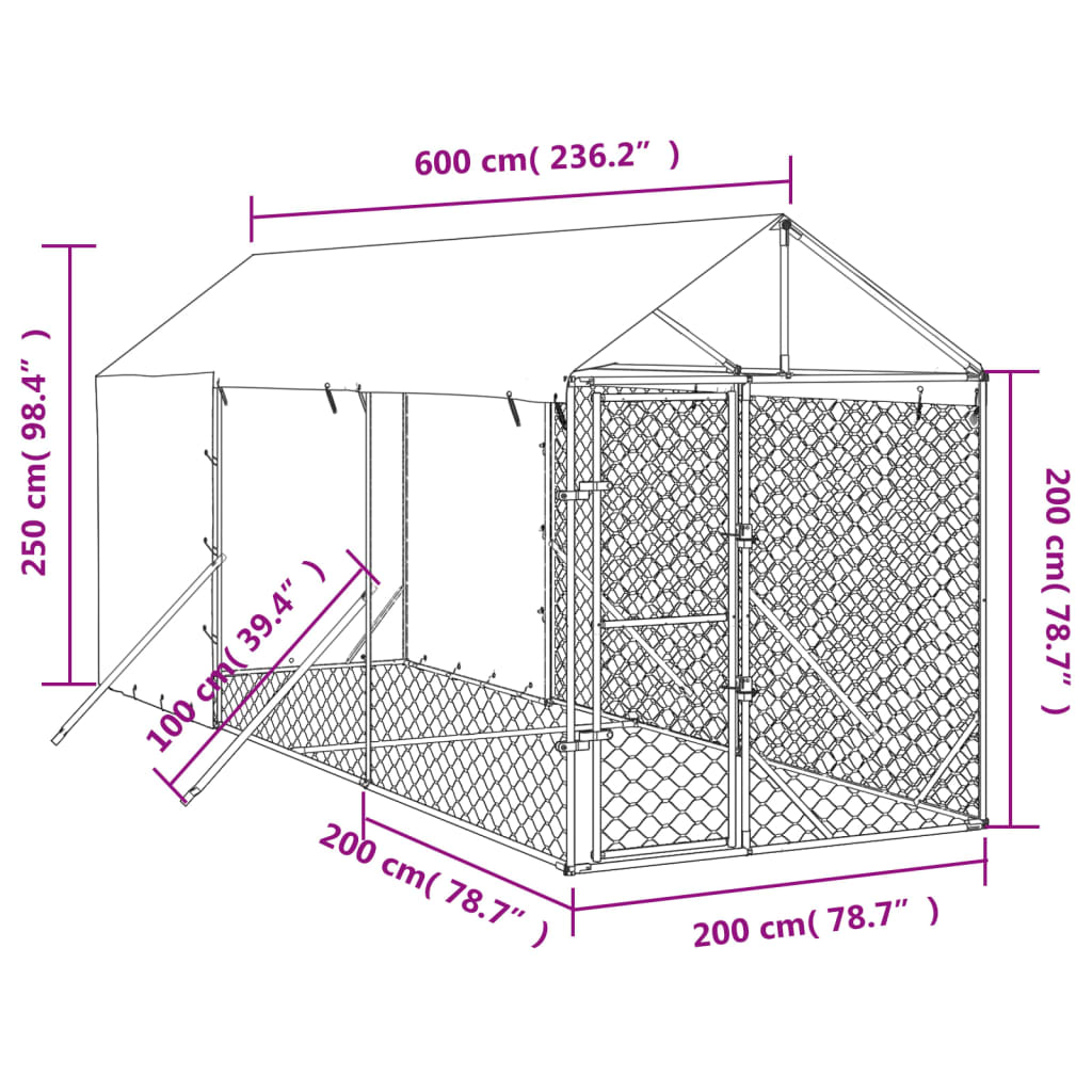 Suņu Voljērs Ar Jumtu, 2X6X2,5M, Cinkots Tērauds, Sudraba Krāsā