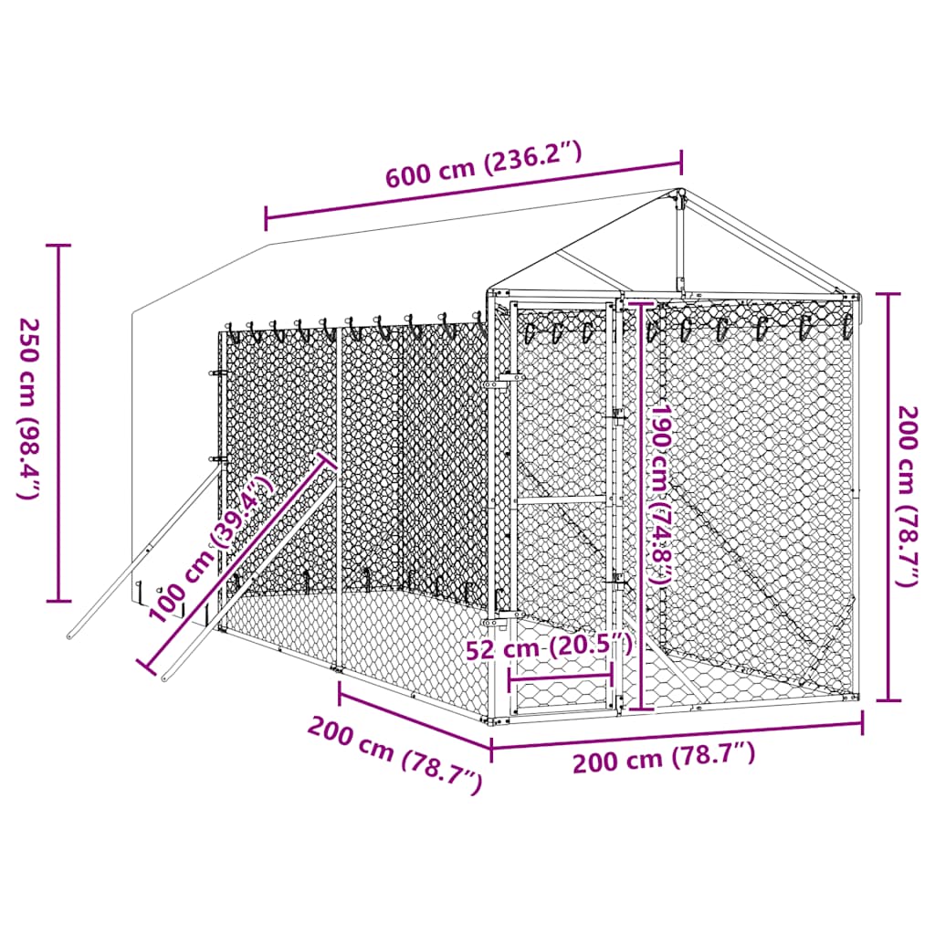 Suņu Voljērs Ar Jumtu, 2X6X2,5M, Cinkots Tērauds, Sudraba Krāsā