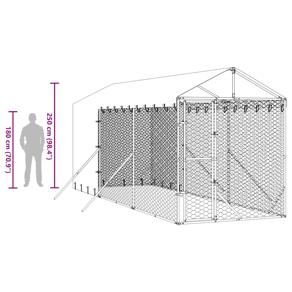 Suņu Voljērs Ar Jumtu, 2X6X2,5M, Cinkots Tērauds, Sudraba Krāsā
