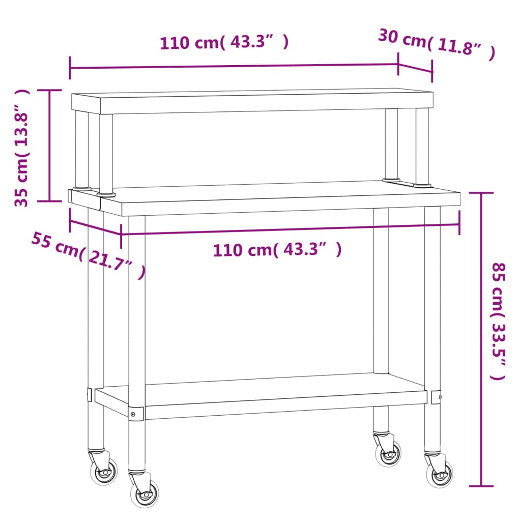 Virtuves Darba Galds Ar Plauktu, 110X55X120 Cm, Tērauds