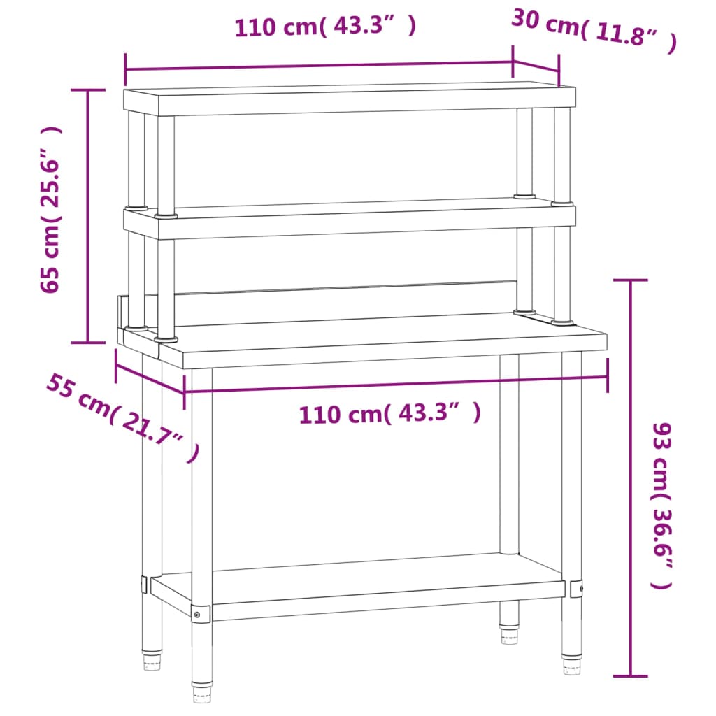 Virtuves Darba Galds Ar Plauktu, 110X55X150 Cm, Tērauds