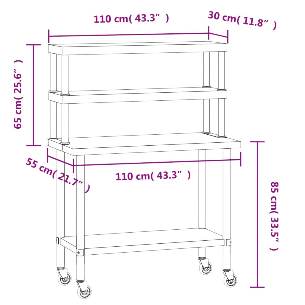 Virtuves Darba Galds Ar Plauktu, 110X55X150 Cm, Tērauds
