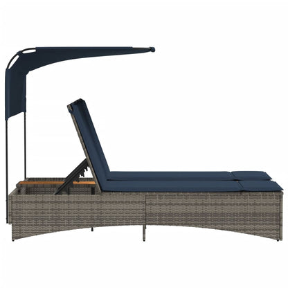 Divvietīgs Sauļošanās Krēsls Ar Jumtiņu Un Spilveniem, Pelēks Polietilēna Rotangpalmas Pinums
