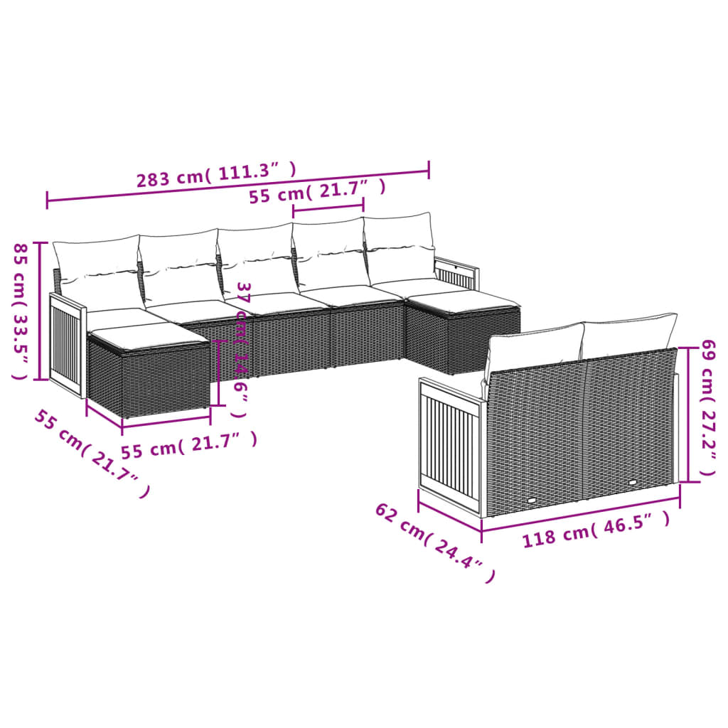 9-Daļīgs Dārza Dīvāna Komplekts Ar Matračiem, Pelēks Pe Pinums