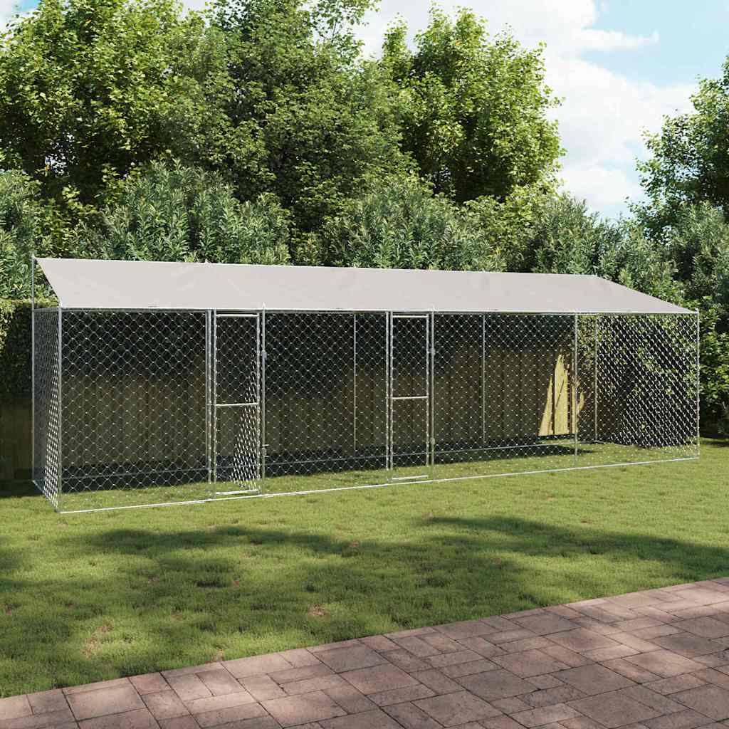 Suņu Būris Ar Jumtu Un Durvīm, Pelēks, 10X2X2M, Cinkots Tērauds