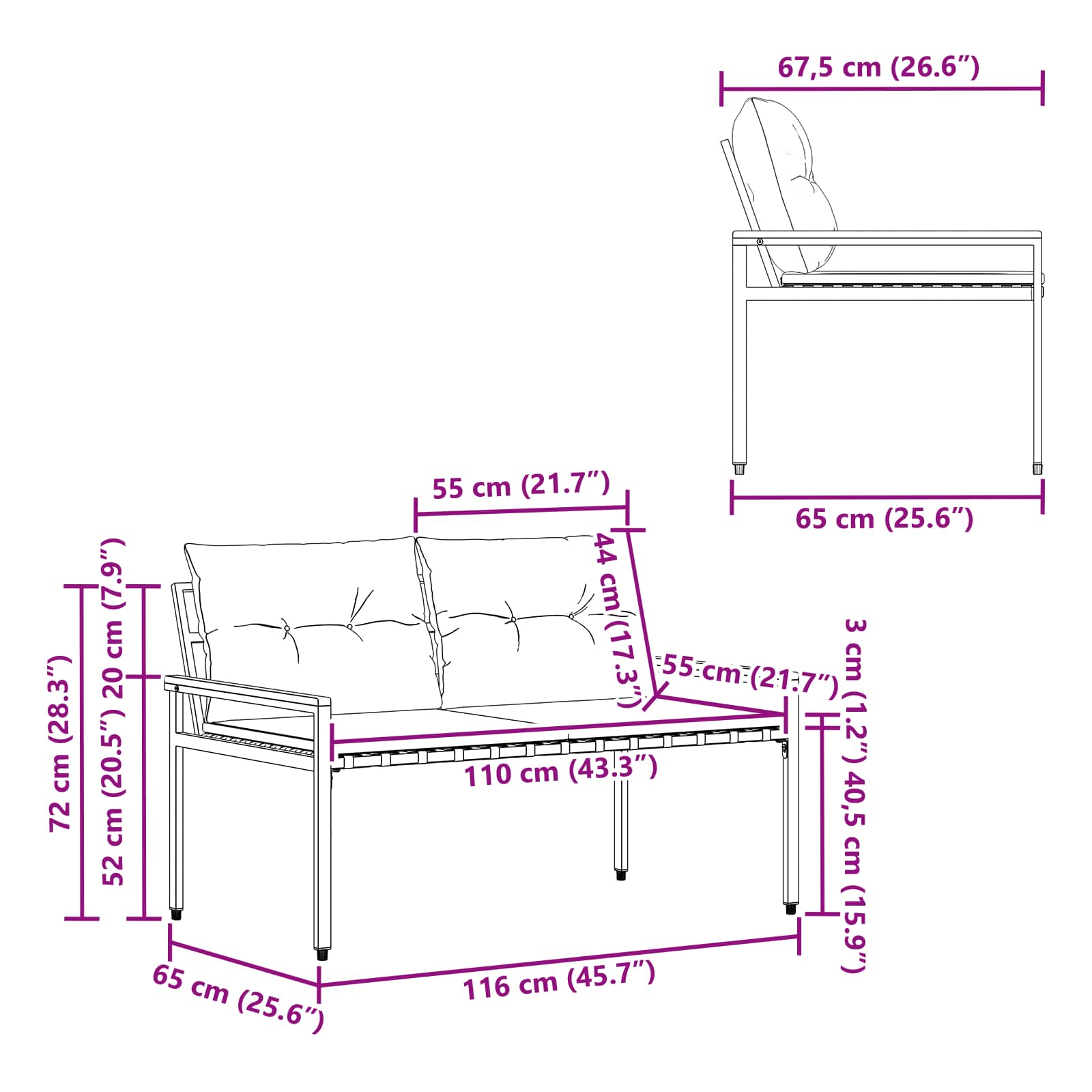 Āra Sols 2 -Seater 116 X 67,5 X 72 Cm Poliratāns