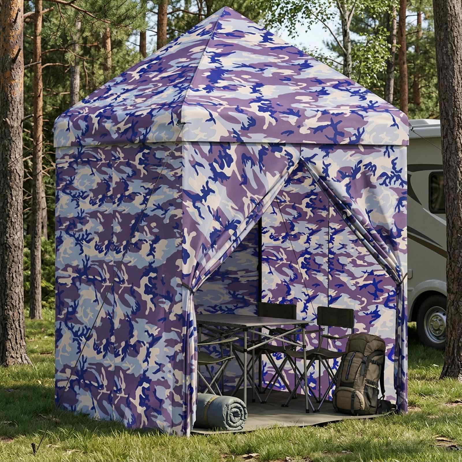 Pop-Up Paviljons Ar 4 Sienām 2,95 X 4,1 M Zila Kamuflāža