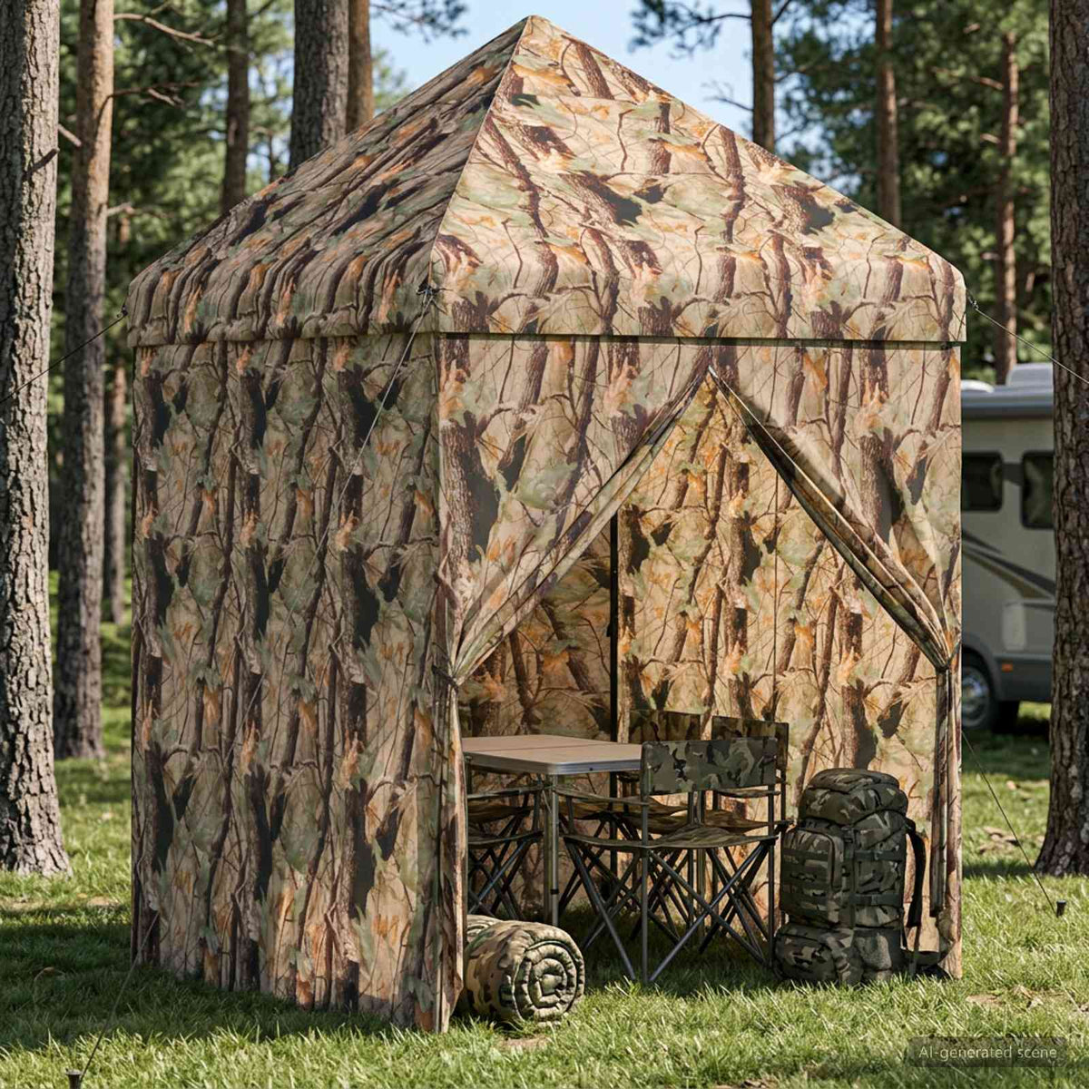 Pop-Up Paviljons Ar 4 Sienām Meža Kamuflāža