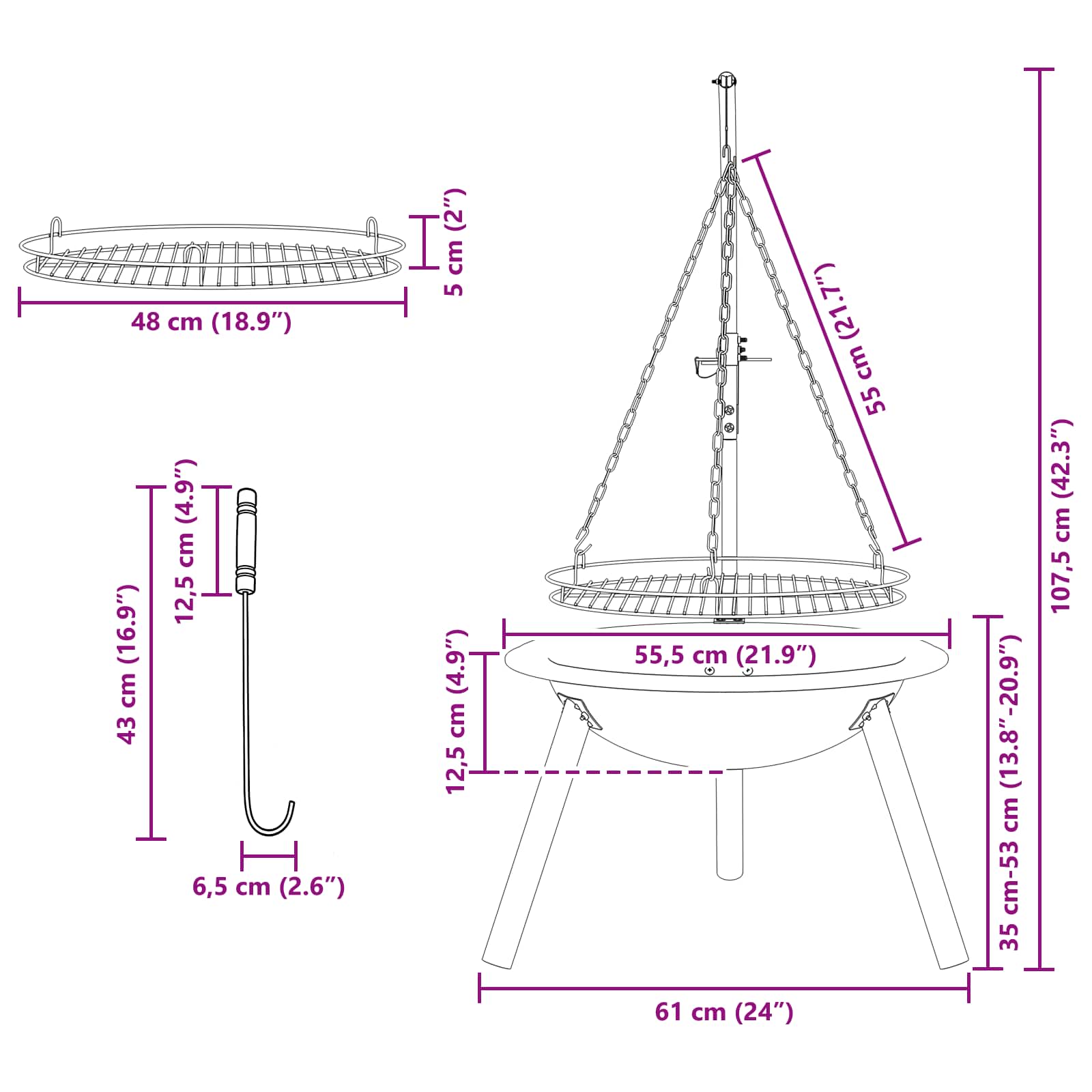 Uguns Aka Ar Regulējamu Grila Resti ⌀55,5 X 107,5 Cm Tērauds