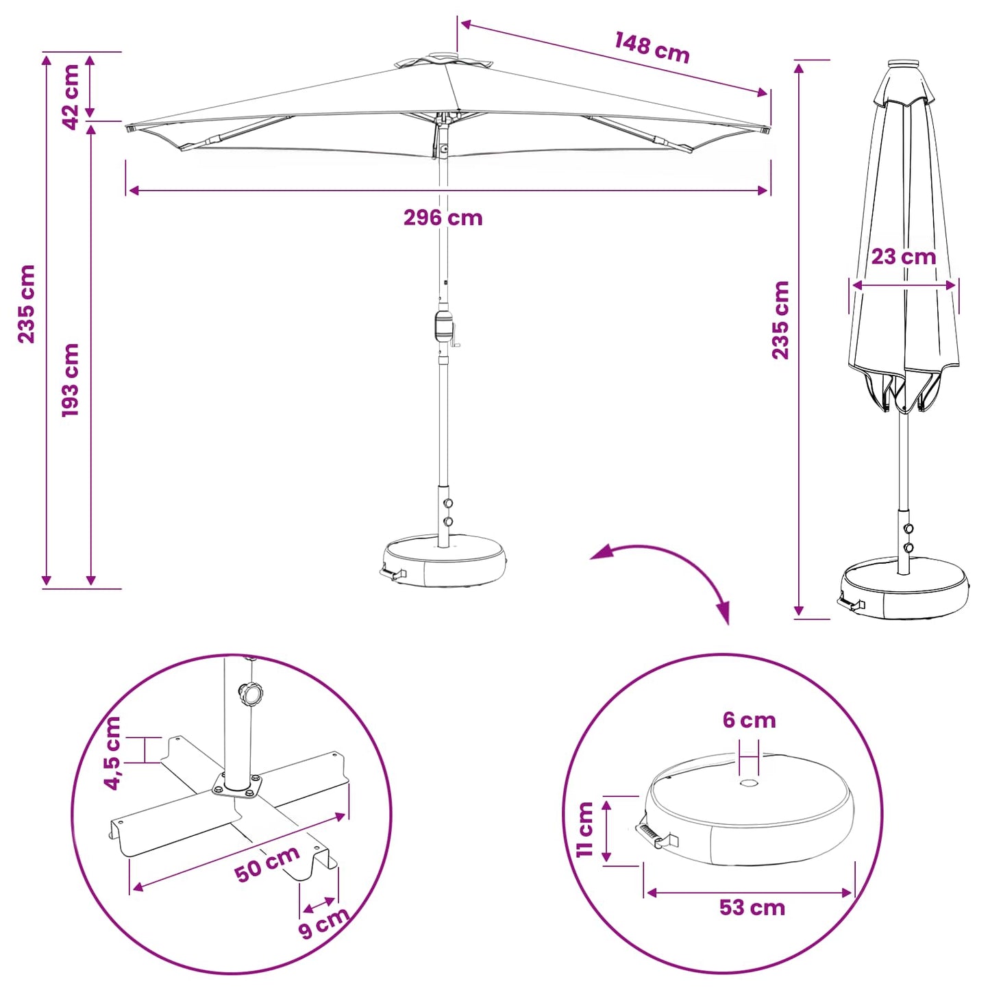 Dārza Parasols Ar Led Gaismām Un Pamatni 300 X 300 Cm