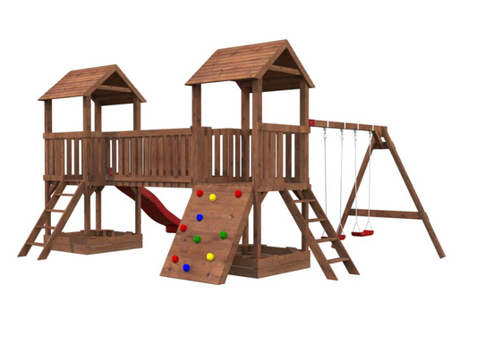 Jesper 1 rotaļu laukums ar šūpolēm, tiltu, klinšu sienu, tiltu, diviem torņiem un slidkalniņu