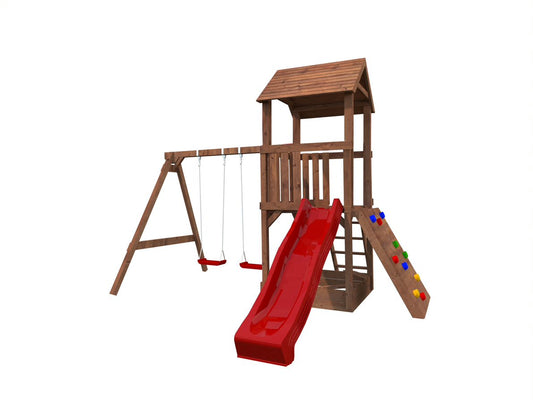 Jesper 3 rotaļu laukums ar šūpolēm, slidkalniņu un klinšu sienu