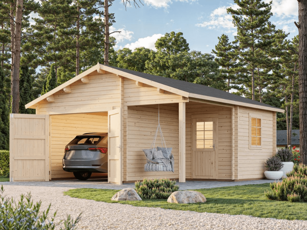 Automašīnas garāža Rodžers 21.9 + 5.2 m2 ar koka vārtiem - HOLDORS
