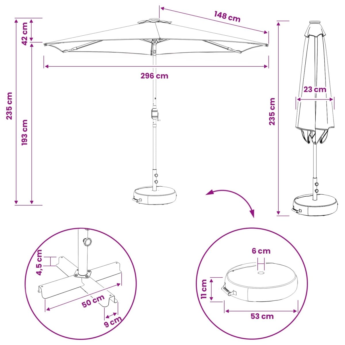 Dārza Parasols Ar Led Gaismām Un Pamatni 300 X 300 Cm - HOLDORS