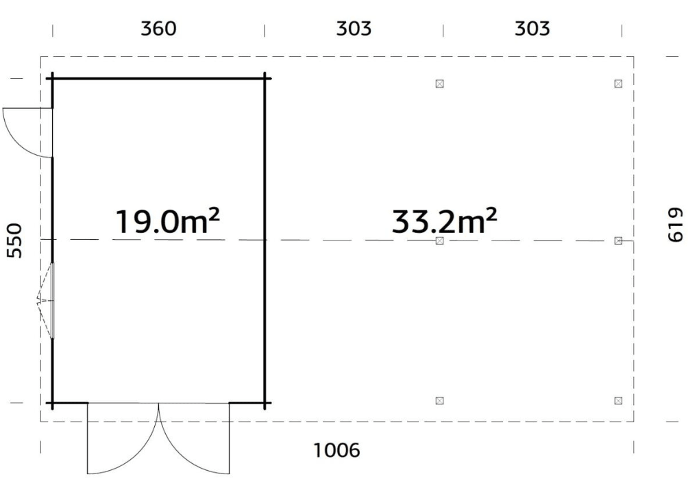 Garāža ar nojumi automašīnai Rodžers 19.0 + 33.2 m2 ar koka vārtiem - HOLDORS