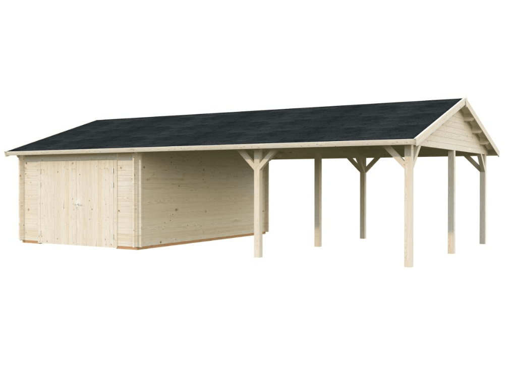 Garāža ar nojumi automašīnai Rodžers 19.0 + 33.2 m2 ar koka vārtiem - HOLDORS