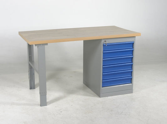 Metāla darbagalds ar ozola virsmu un 6 atvilktņu bloku 2000x800mm - HOLDORS