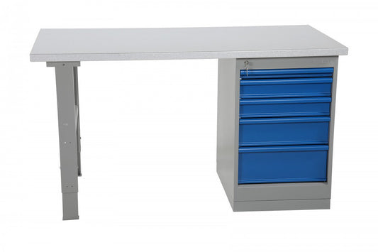 Metāla darbagalds ar tērauda virsmu un 5 atvilktņu bloku 1600x800mm - HOLDORS